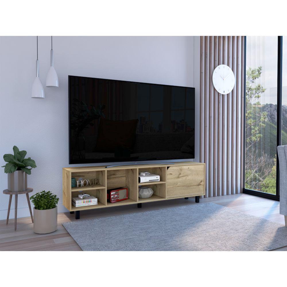 DEPOT E-SHOP Conquest Tv Stand, Back Holes, Four Open Shelves, Five Legs- Light Oak, For Living Room. Picture 1