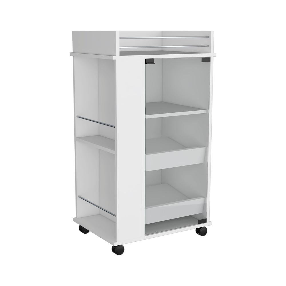 Lansing Bar Cart with Glass Door, 2-Side Shelves and Casters, White. Picture 1
