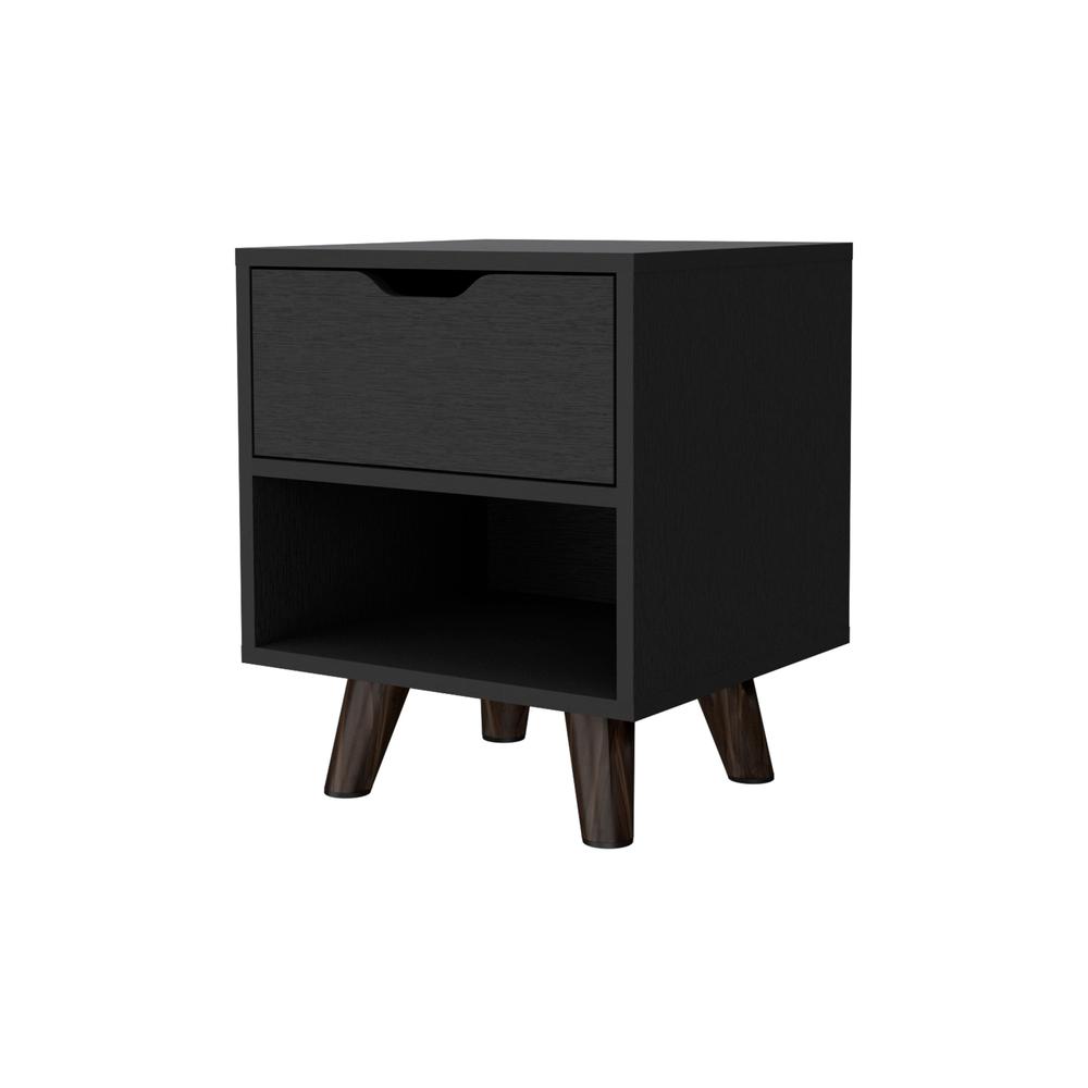 Nightstand with Spacious Drawer, Open Storage Shelf and Chic Wooden Legs, Black. Picture 1