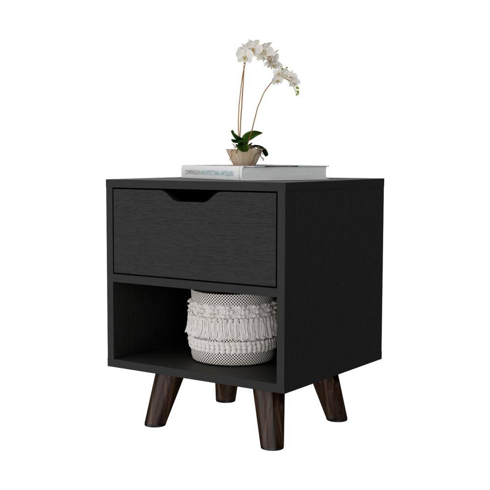 Nightstand with Spacious Drawer, Open Storage Shelf and Chic Wooden Legs, Black. Picture 3