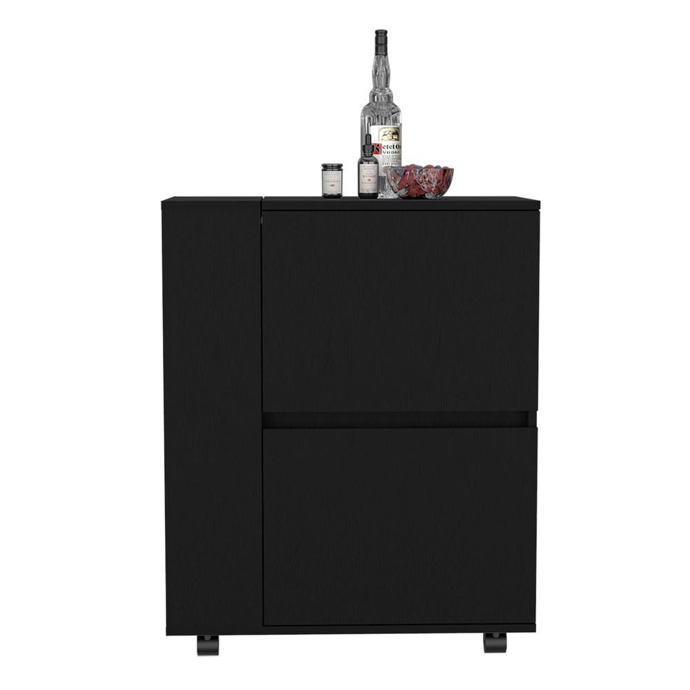 Tully Bar Cart Two Pull-Down Door Cabinets and Two Open Shelves,Black. Picture 3