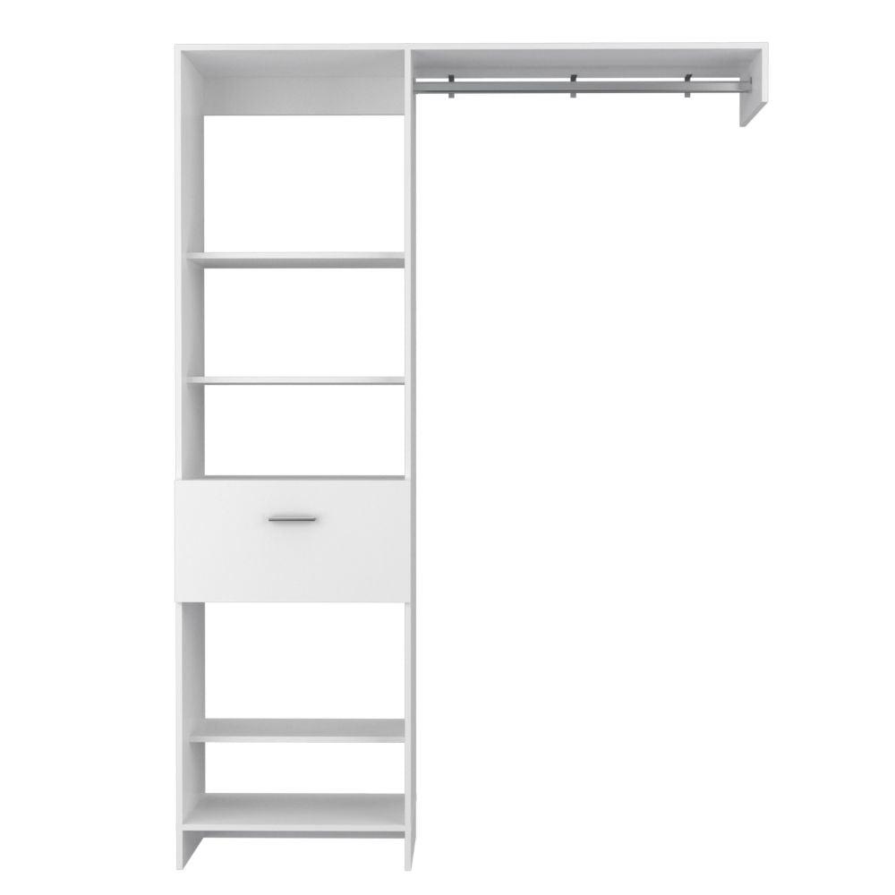 DEPOT E-SHOP Dynamic Closet System, Five Open Shelves, One Drawer, One Metal Rod-White, For Bedroom. Picture 2