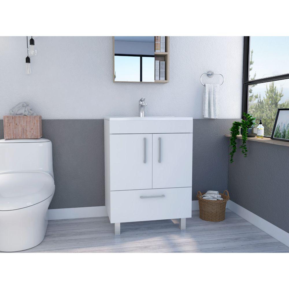 DEPOT E-SHOP Essential Single Bathroom Vanity, One Draw, Two-Door Cabinet, Four Legs-White, For Bathroom. Picture 1