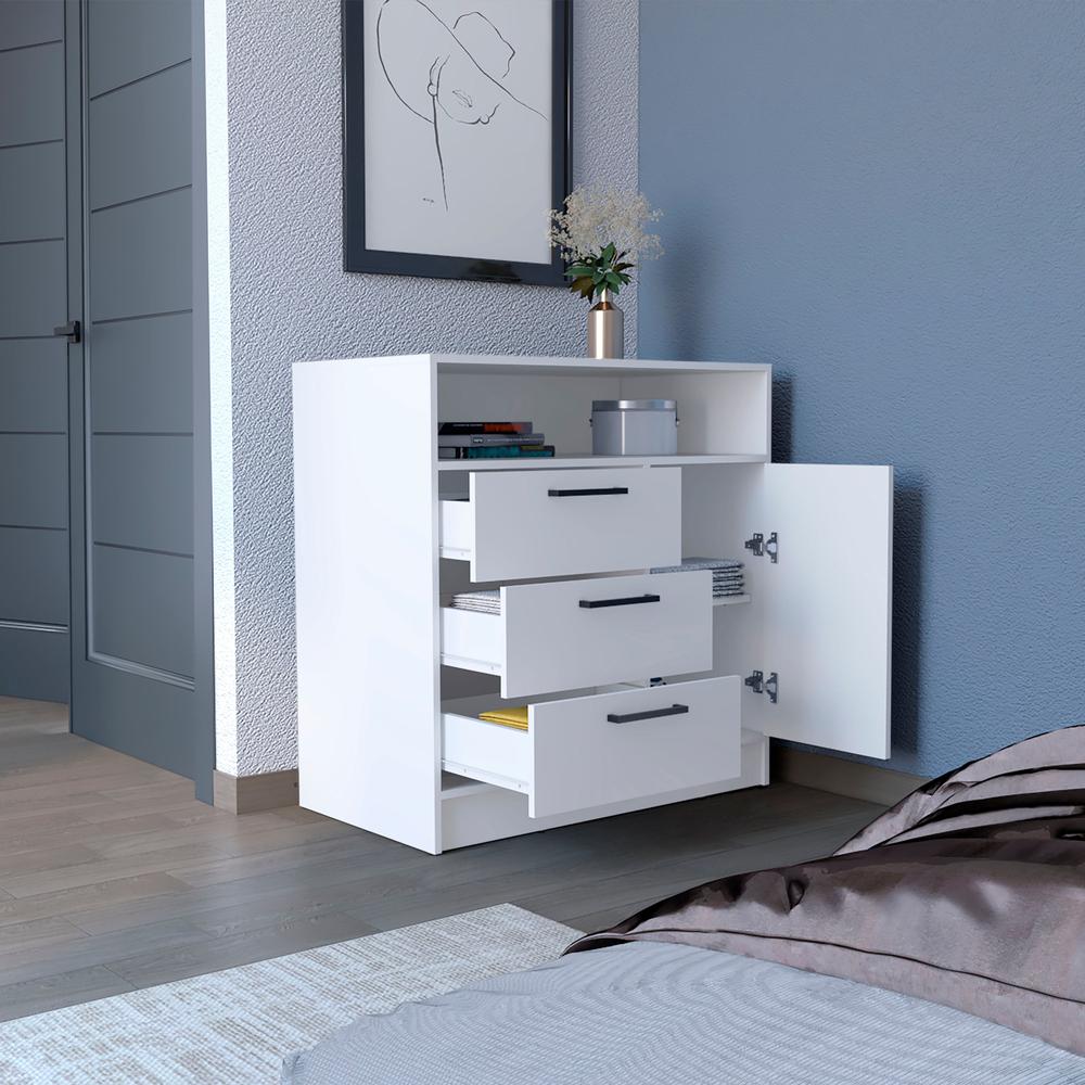 Dresser with Spacious 3-Drawer and Single-Door Storage Cabinet, White. Picture 6