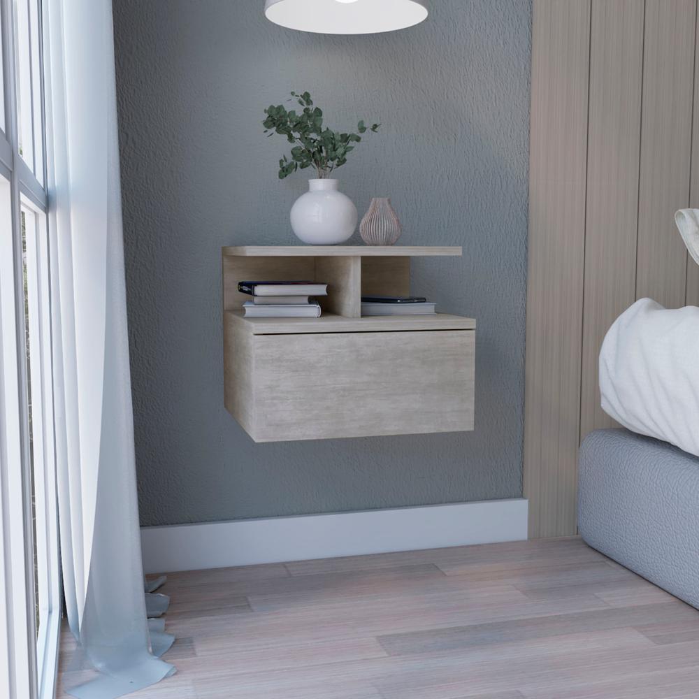 Nightstand, Wall Mounted Single Drawer and 2-Tier Shelf, Concrete Gray -Bedroom. Picture 5