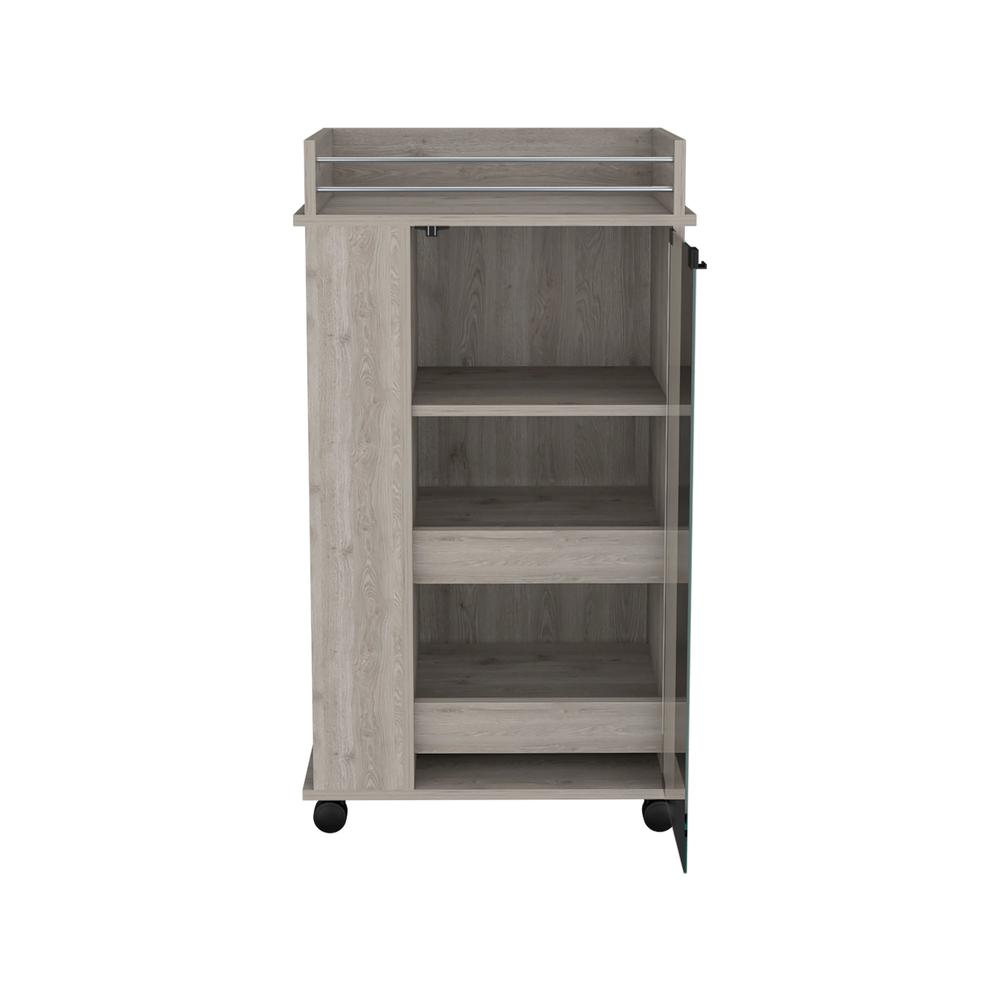 Lansing Bar Cart with Glass Door, 2-Side Shelves and Casters, Light Gray. Picture 2