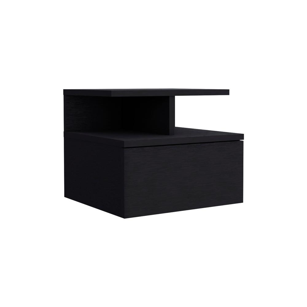 DEPOT E-SHOP Seward Floating Nightstand, Wall Mounted with Single Drawer and 2-Tier Shelf, Black. Picture 1