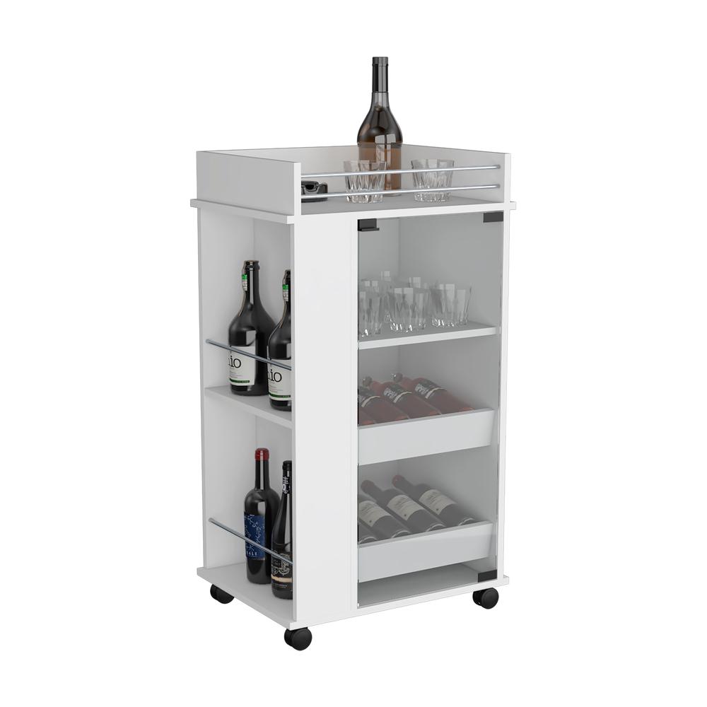 Lansing Bar Cart with Glass Door, 2-Side Shelves and Casters, White. Picture 2