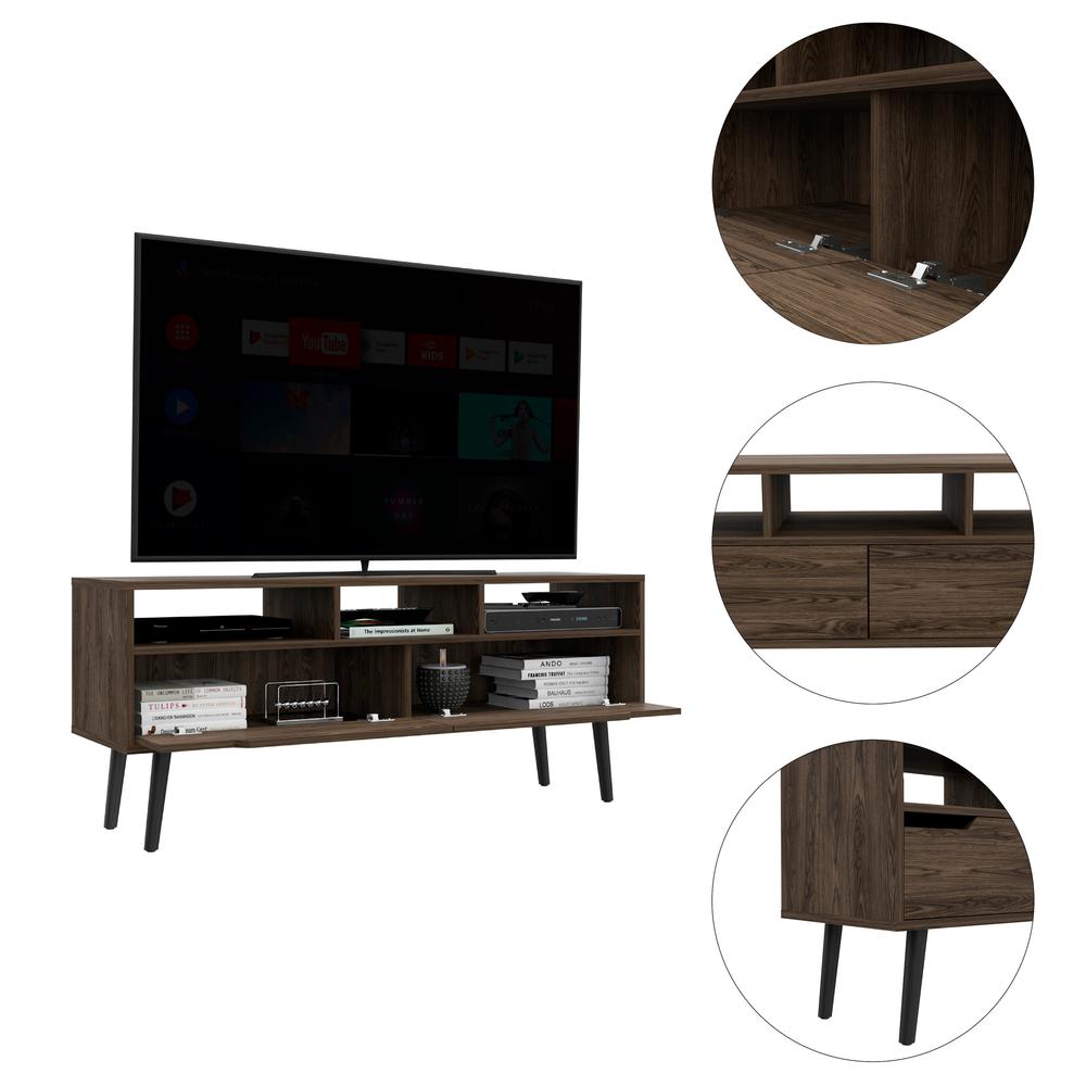 DEPOT E-SHOP Kobe Tv Stand, Countertop, Three Open Shelves, Two Flexible Drawers, Four Legs- Dark Walnut, For Living Room. Picture 3