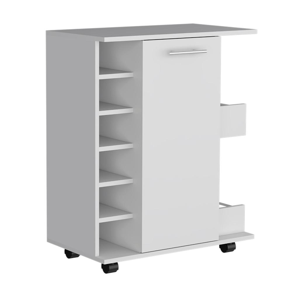 Bar Cart with 6-Built in Bottle Racks, Casters and 2-Open Side Shelves, White. Picture 1
