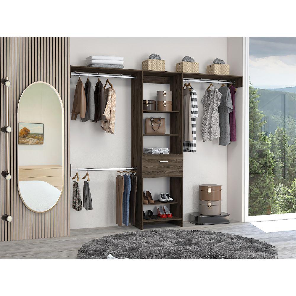 DEPOT E-SHOP Brisk Closet System, One Drawer, Three Metal Rods, Five Open Shelves-Dark Walnut, For Bedroom. Picture 1