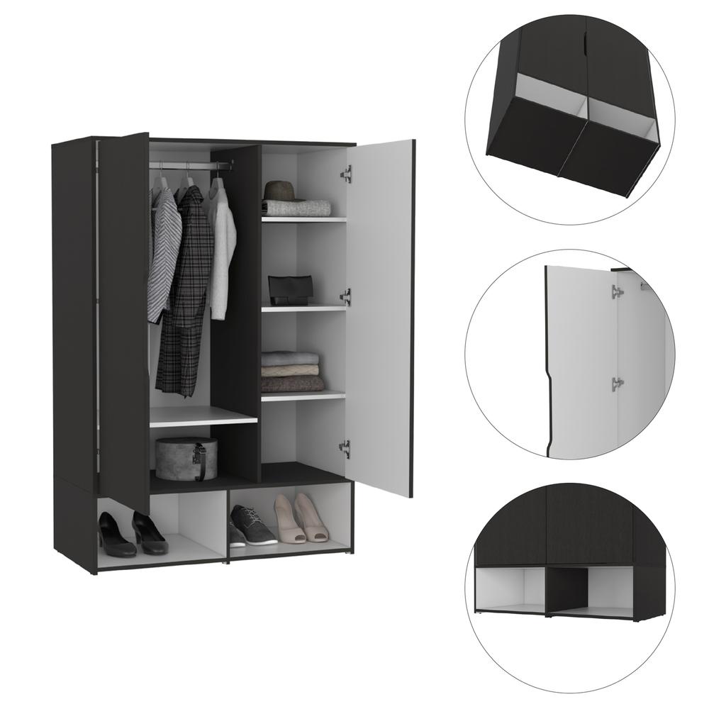 DEPOT E-SHOP Bamboo Armoire-Two Doors, Five Shelves, Hanging Rod, Two Open Shelves-Black/White, For Bedroom. Picture 3