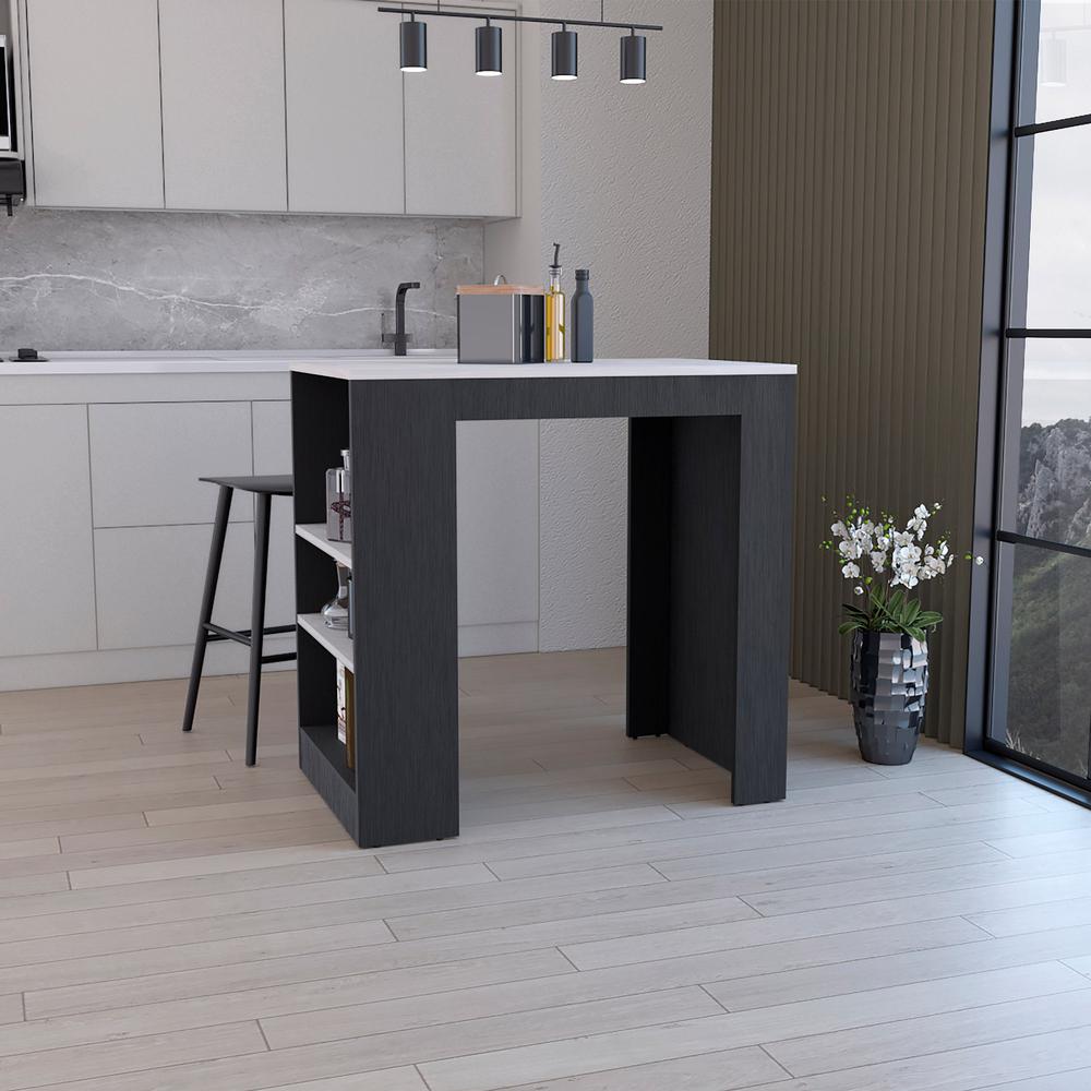 Kitchen Island, Kitchen Bar Table with 3-Side Shelves, Black / Ibiza Marble. Picture 7
