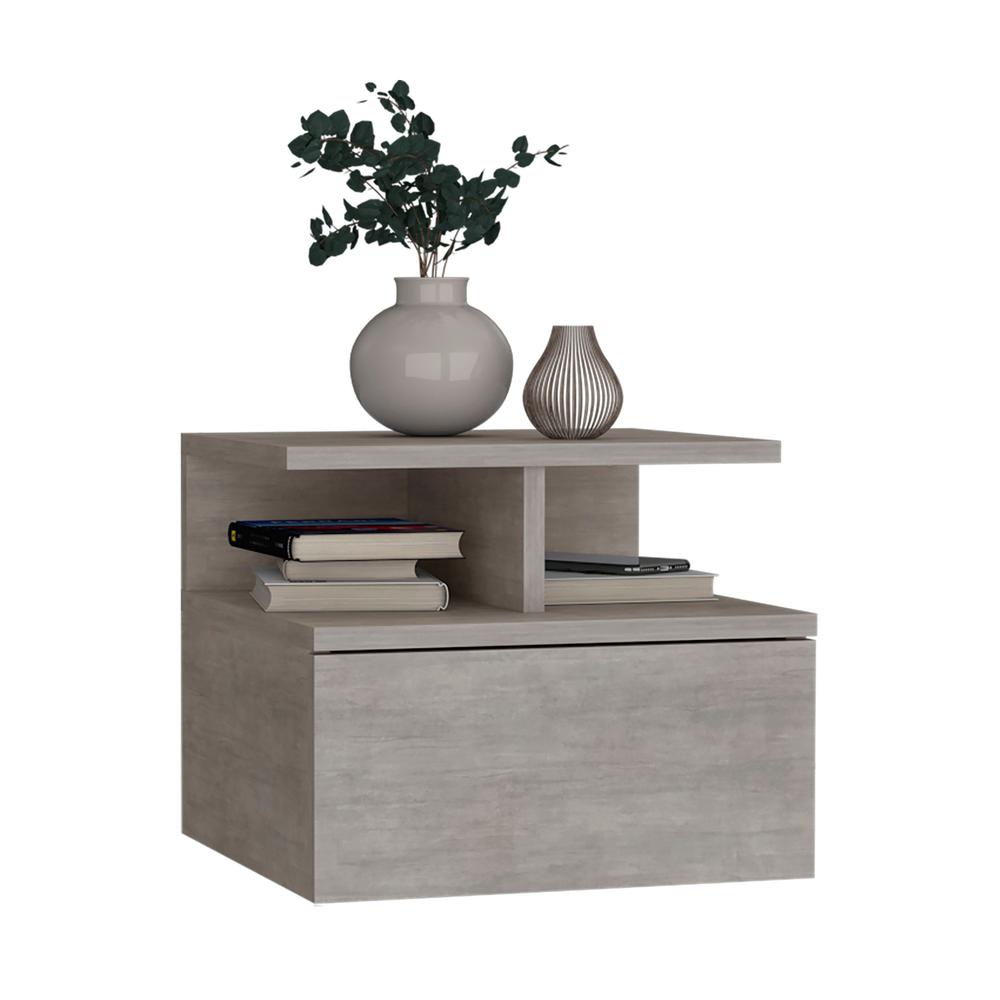 Nightstand, Wall Mounted Single Drawer and 2-Tier Shelf, Concrete Gray -Bedroom. Picture 4
