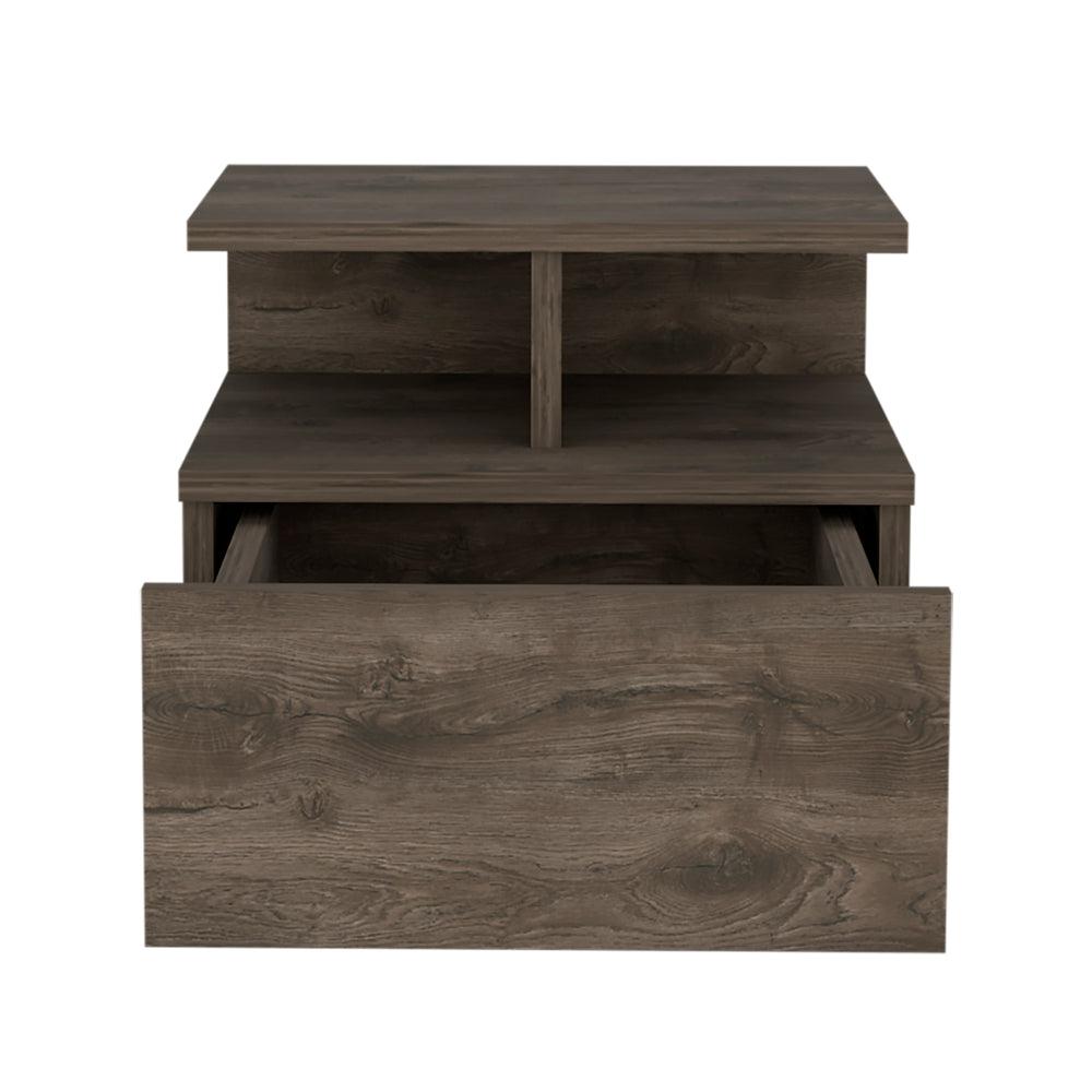 Nightstand, Wall Mounted with Single Drawer and 2-Tier Shelf, Dark Walnut. Picture 2