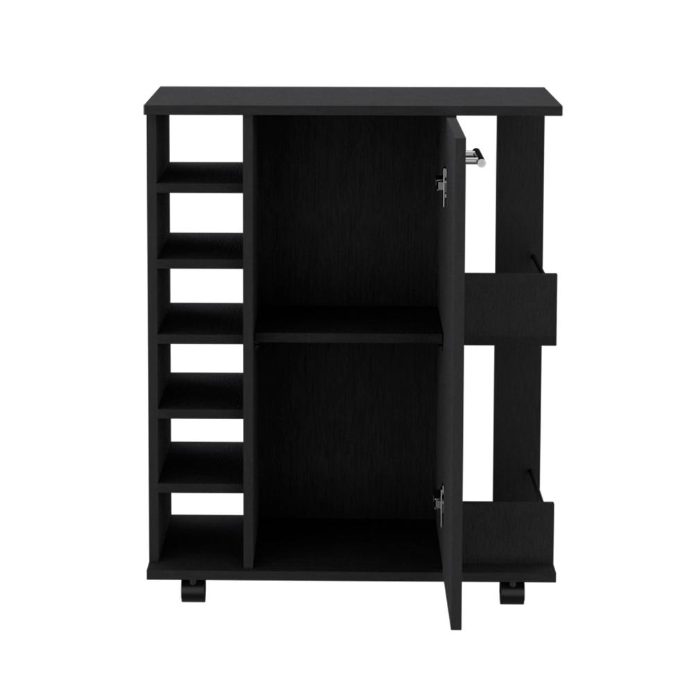 Bar Cart with 6-Built in Bottle Racks, Casters and 2-Open Side Shelves, Black. Picture 2