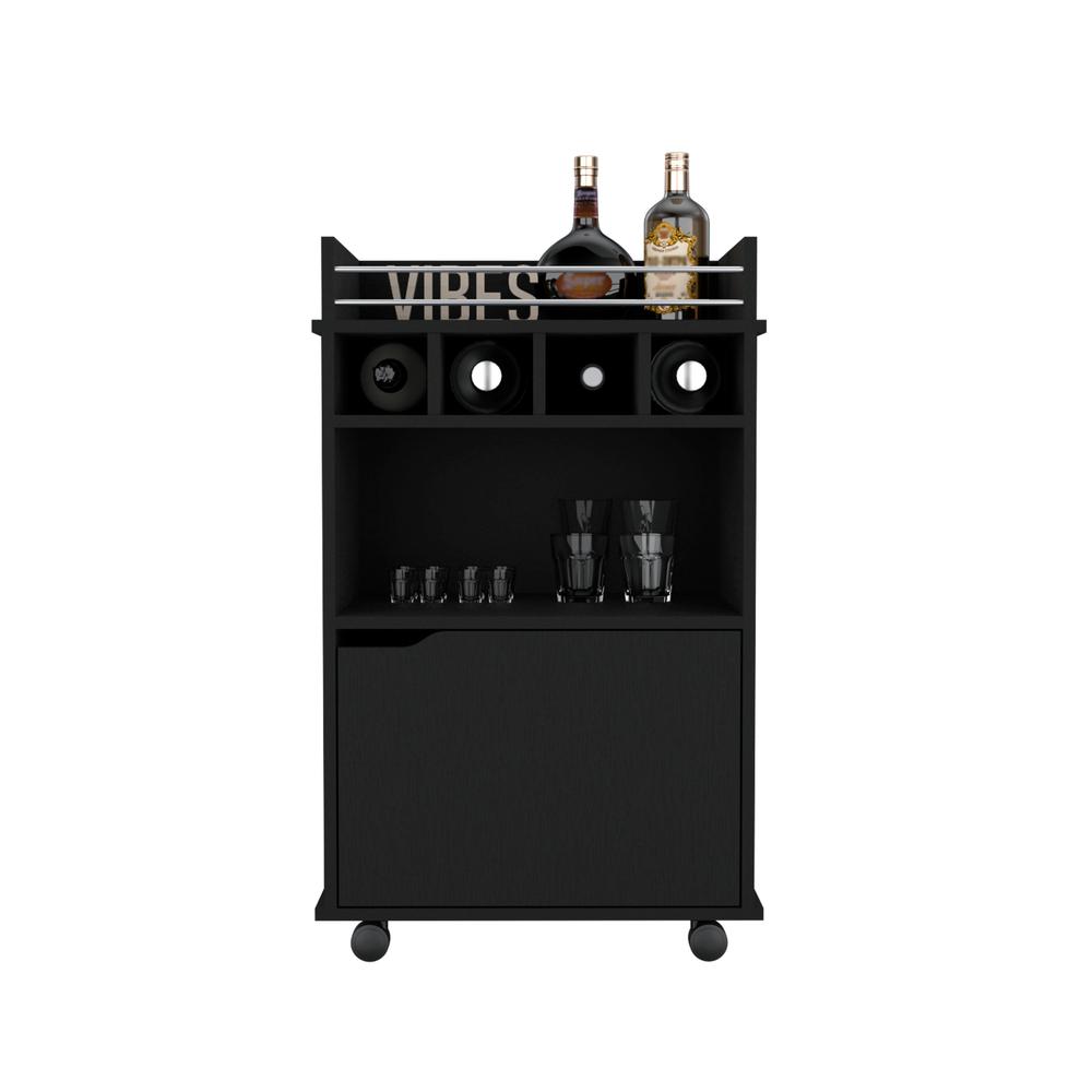 Sims 35" H Bar Cart with Two Shelves four Wine Cubbies and One Cabinet,Black. Picture 3