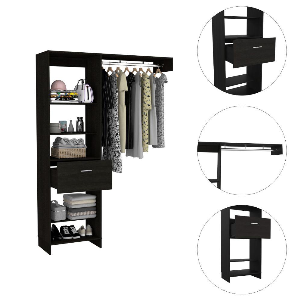 DEPOT E-SHOP Dynamic Closet System, Five Open Shelves, One Drawer, One Metal Rod-Black, For Bedroom. Picture 3