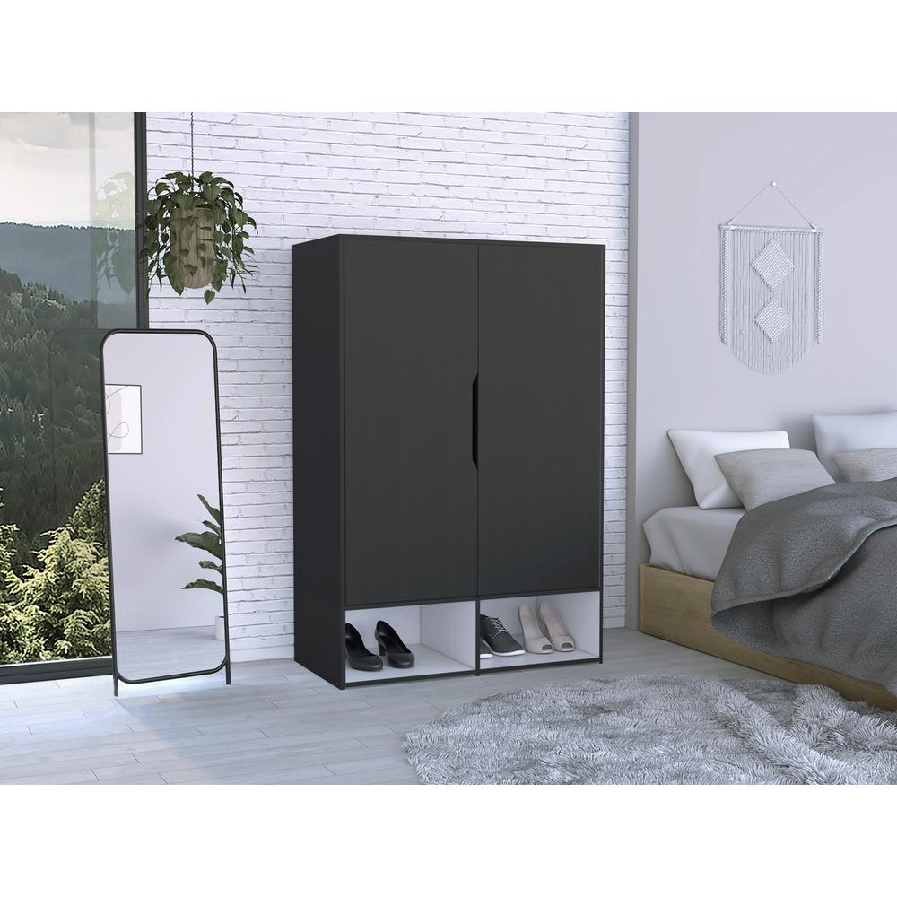 DEPOT E-SHOP Bamboo Armoire-Two Doors, Five Shelves, Hanging Rod, Two Open Shelves-Black/White, For Bedroom. Picture 1