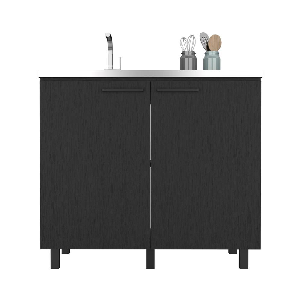 DEPOT E-SHOP Salento 2 Freestanding Utility Base Cabinet with Stainless Steel Countertop and 2-Door, Black. Picture 3