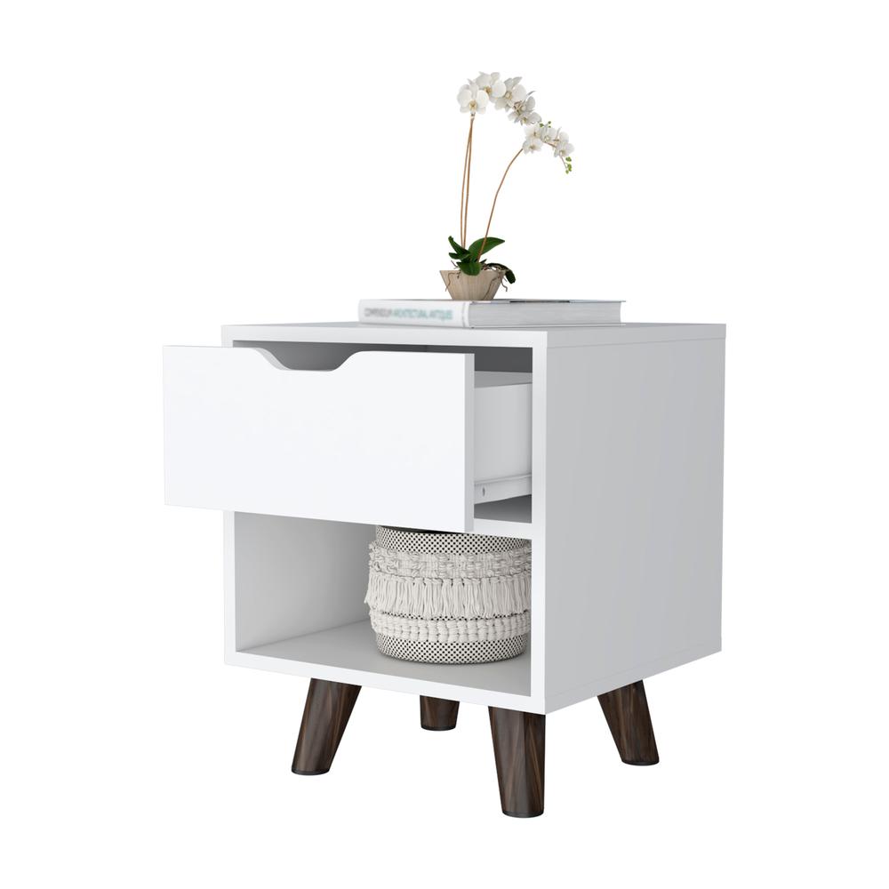 Nightstand with Spacious Drawer, Open Storage Shelf and Chic Wooden Legs, White. Picture 4