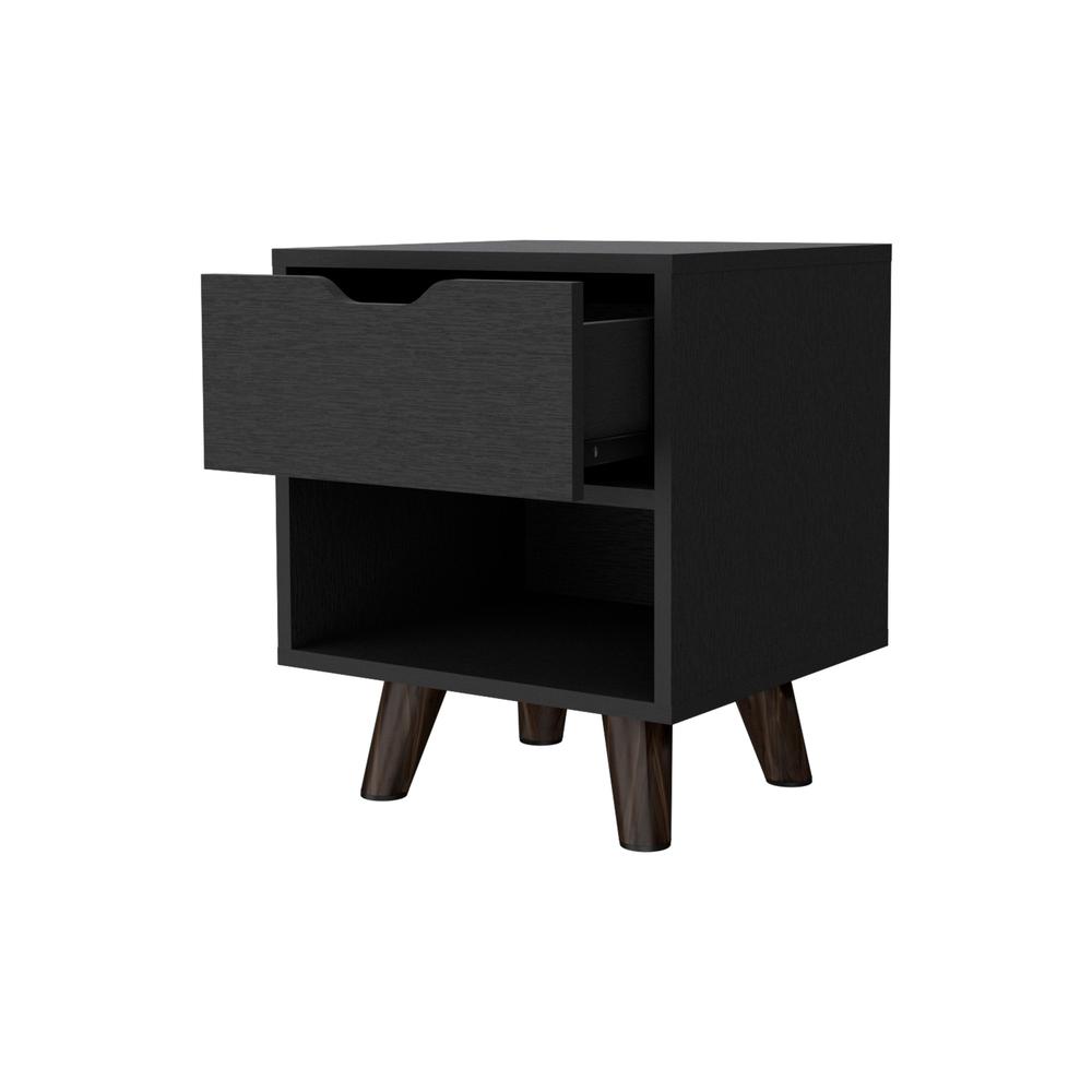 Nightstand with Spacious Drawer, Open Storage Shelf and Chic Wooden Legs, Black. Picture 2