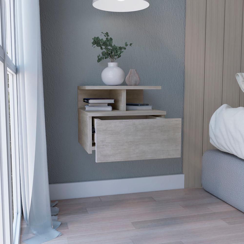 Nightstand, Wall Mounted Single Drawer and 2-Tier Shelf, Concrete Gray -Bedroom. Picture 6