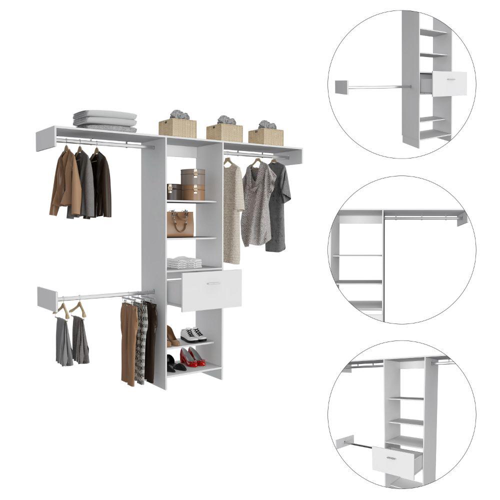 DEPOT E-SHOP Brisk Closet System, One Drawer, Three Metal Rods, Five Open Shelves-White, For Bedroom. Picture 3