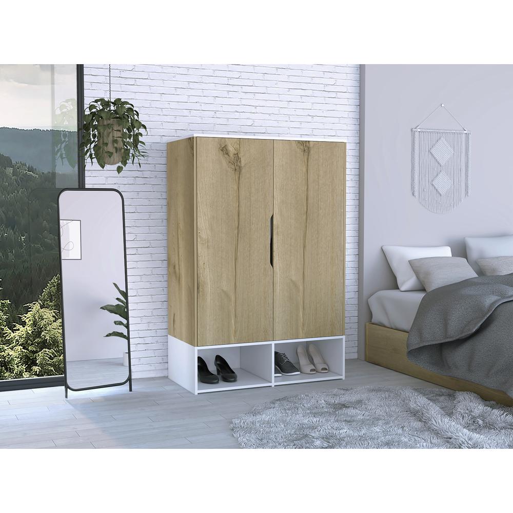 DEPOT E-SHOP Bamboo Armoire-Two Doors, Five Shelves, Hanging Rod, Two Open Shelves-Light Oak/White, For Bedroom. Picture 1