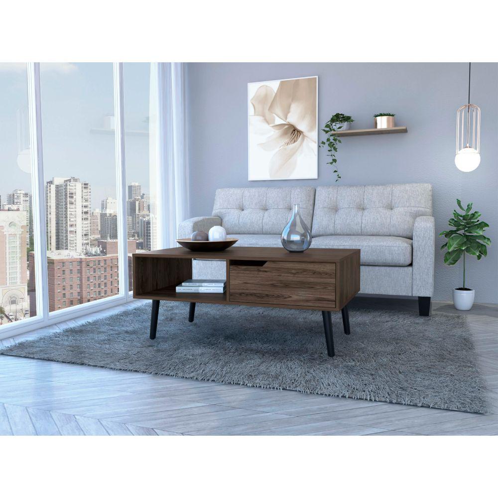 DEPOT E-SHOP Kobe Coffee Table, Countertop, One Open Shelf, One Drawer, Four Legs- Dark Walnut, For Living Room. Picture 1