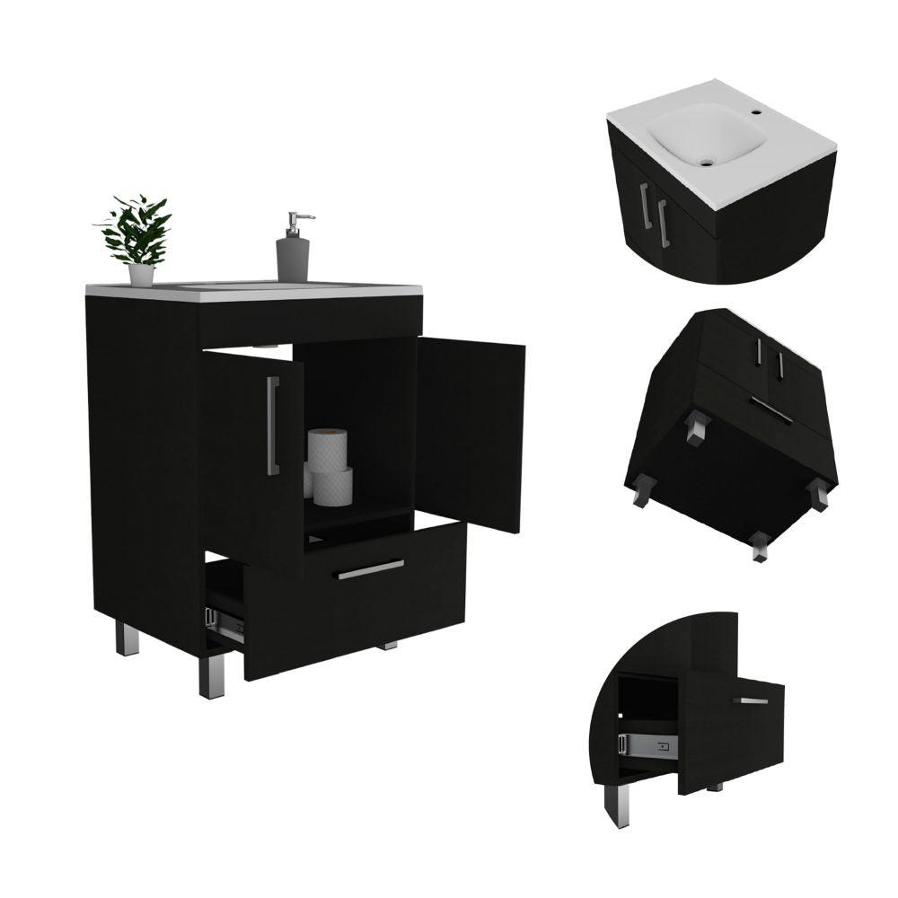 DEPOT E-SHOP Essential Single Bathroom Vanity, One Draw, Two-Door Cabinet, Four Legs-Black, For Bathroom. Picture 3