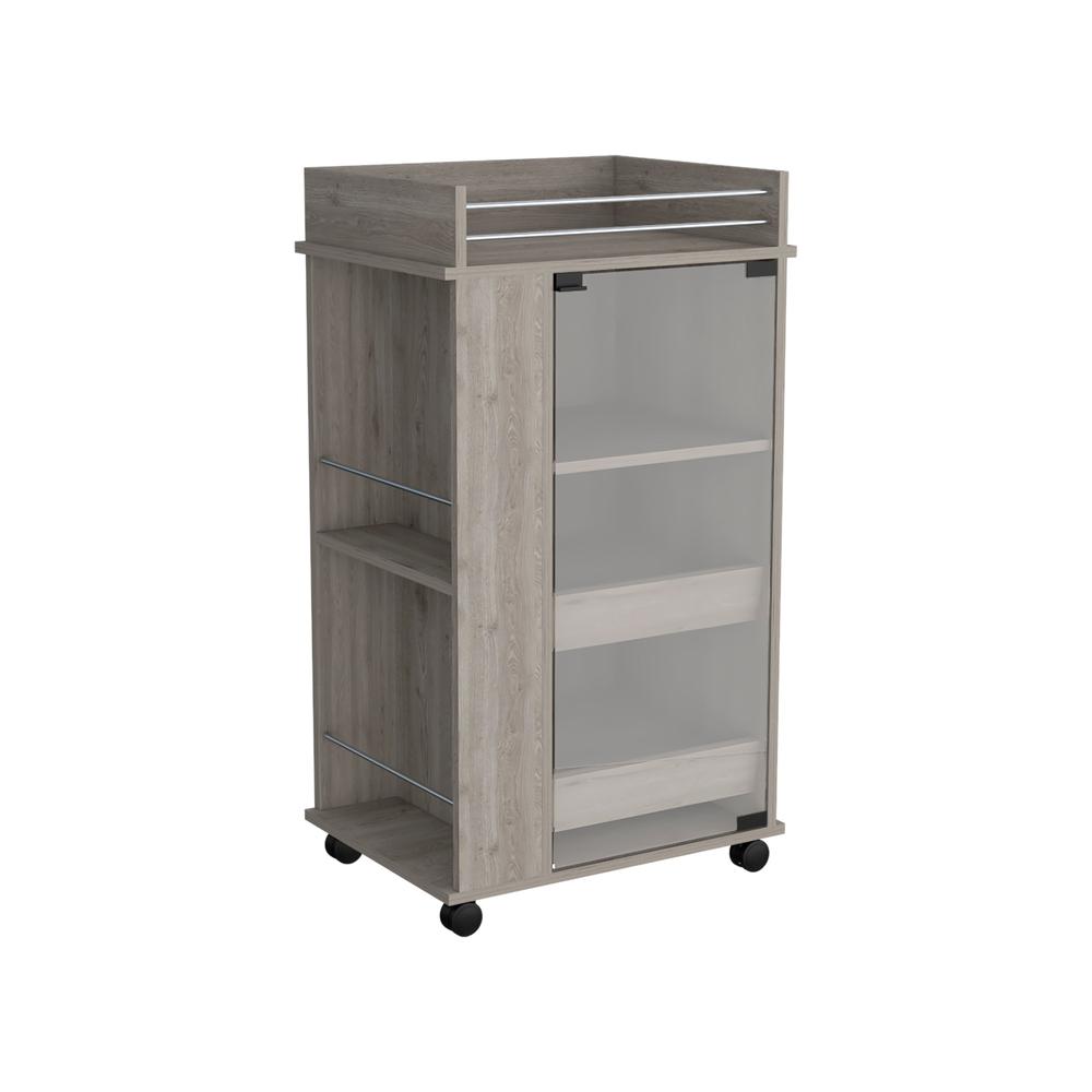 Lansing Bar Cart with Glass Door, 2-Side Shelves and Casters, Light Gray. Picture 1