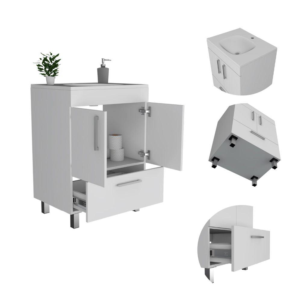 DEPOT E-SHOP Essential Single Bathroom Vanity, One Draw, Two-Door Cabinet, Four Legs-White, For Bathroom. Picture 3
