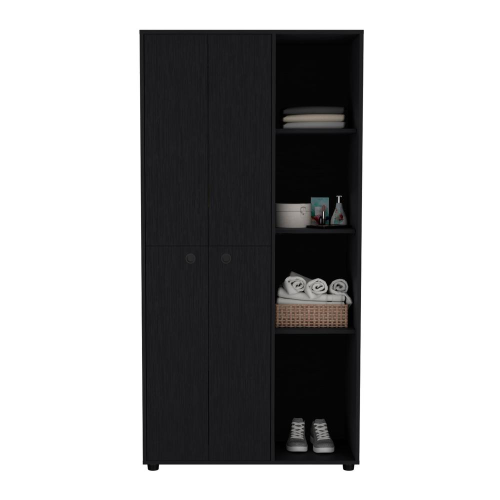 Armoire with 2-door Storage with Metal Rods, Drawer, 3 Open Shelves, Black. Picture 2