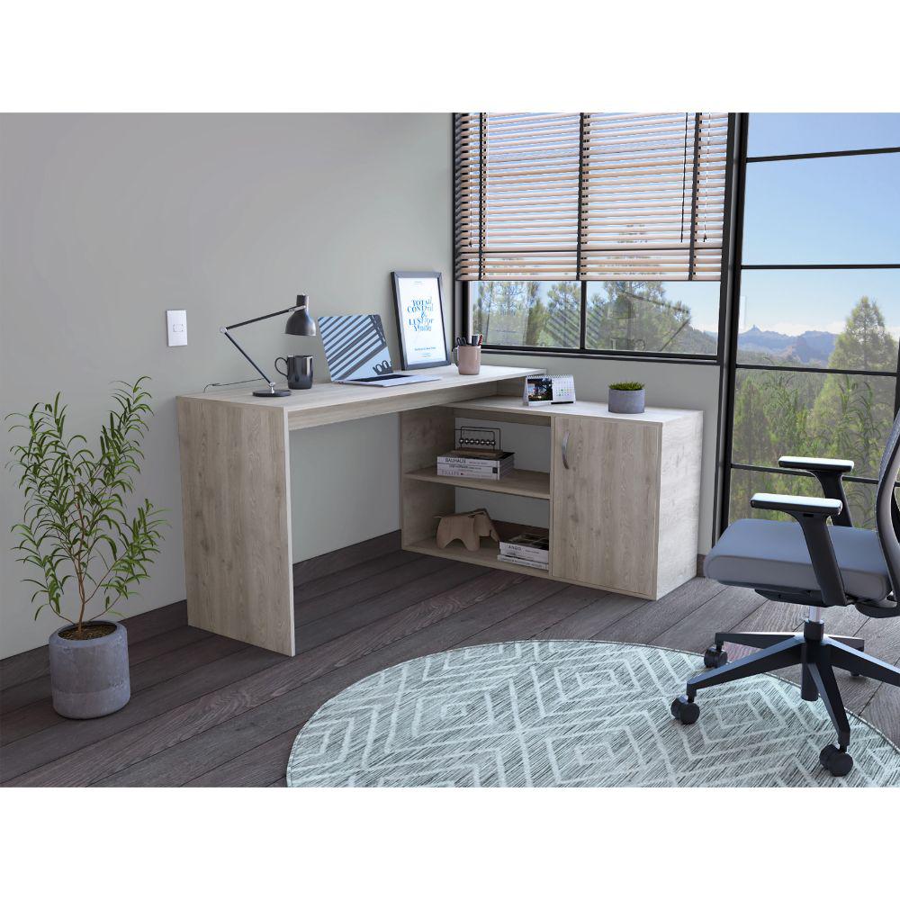 DEPOT E-SHOP Pearl Desk, L-Shaped, One-Door Cabinet, Two Shelves-Light Grey, For Office. Picture 1