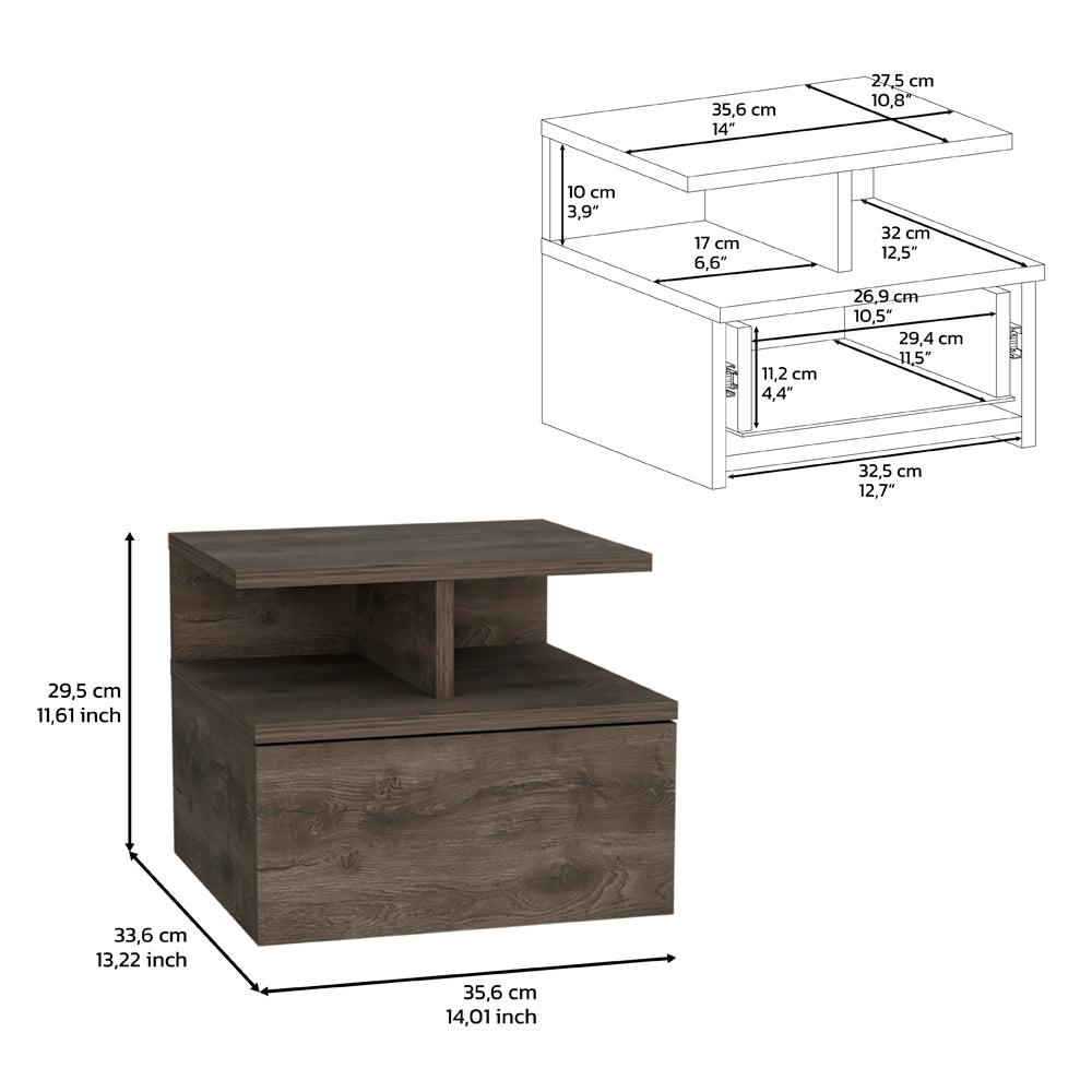 Nightstand, Wall Mounted with Single Drawer and 2-Tier Shelf, Dark Walnut. Picture 5