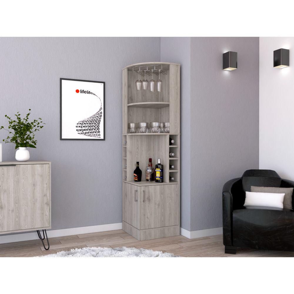 DEPOT E-SHOP Egina Corner Bar Cabinet, Cup Rack, Two External Shelves - Light Grey, For Office. Picture 1