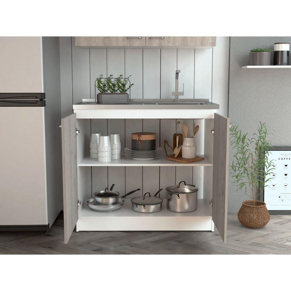 DEPOT E-SHOP Salento Freestanding Sink, Two-Door Cabinet, Countertop, Two Shelves- White/Light Grey, For Kitchen. Picture 2