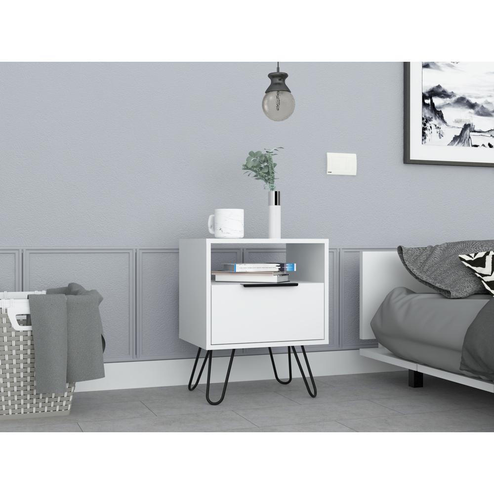 DEPOT E-SHOP Begonia Night Stand-Two Shelves, One-Door Drawer, Four Steel Legs-White, For Bedroom. Picture 1