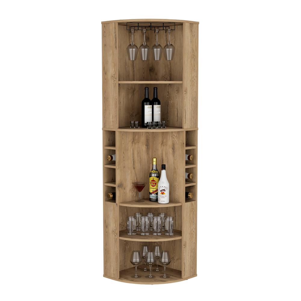 Agra 71" Corner Bar Cabinet with Five Shelves, Eight Bottle Cubbies and Stemware. Picture 1