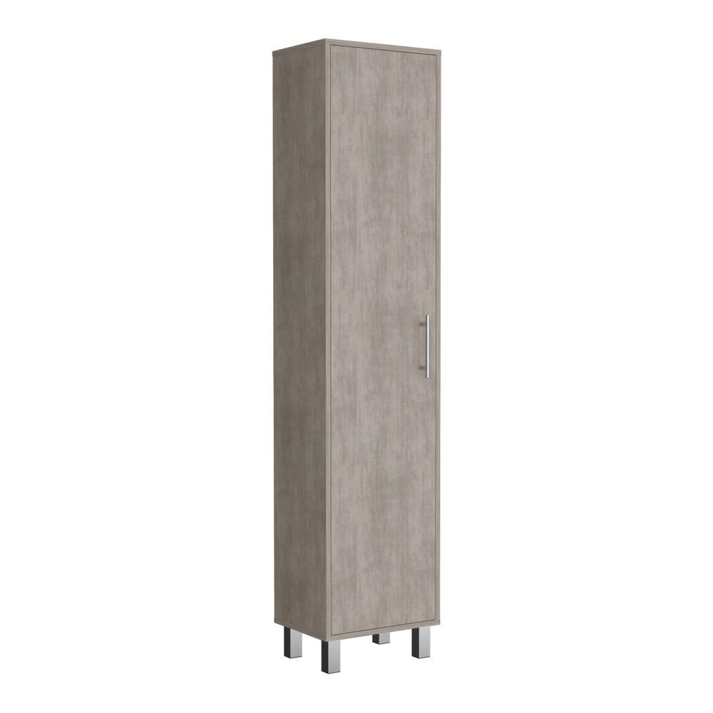 Tall Narrow Storage Cabinet with 5-Tier Shelf and Broom Hangers, Concrete Gray. Picture 4