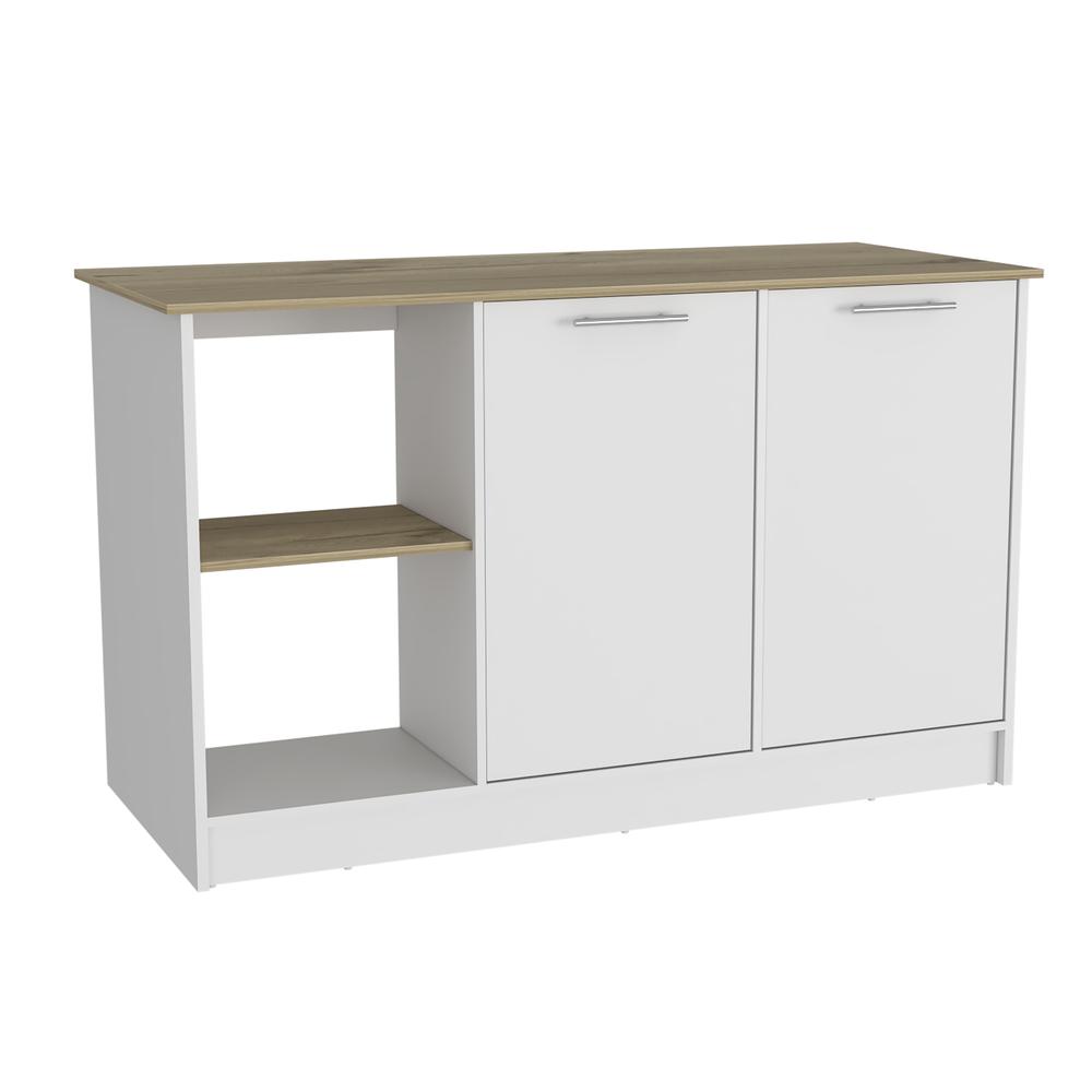 DEPOT E-SHOP Coral Kitchen Island, Two Cabinets, Countertop, Four Open Shelves-Light Oak/White, For Bathroom. Picture 1