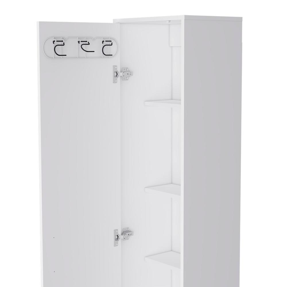 DEPOT E-SHOP Dryden Tall Narrow Storage Cabinet with 5-Tier Shelf and Broom Hangers, White. Picture 3