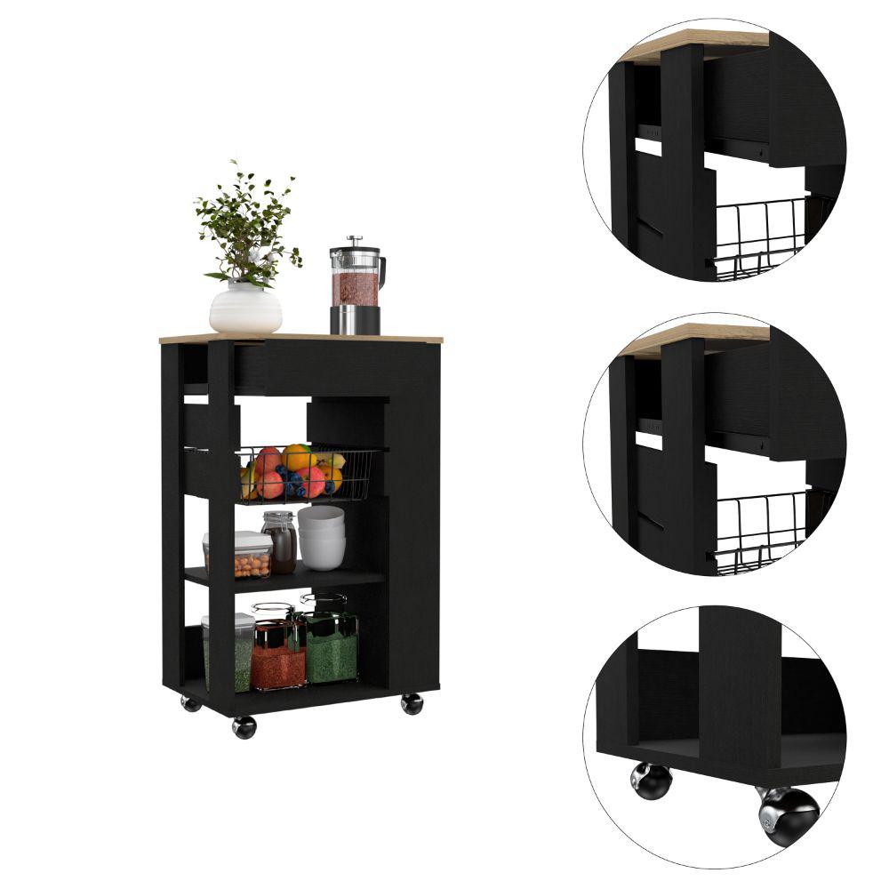 DEPOT E-SHOP Rosemont Kitchen Cart, Two Open Shelves, Rack, Four Caster Wheels, One Drawer-Black-Light Oak, For Kitchen. Picture 3