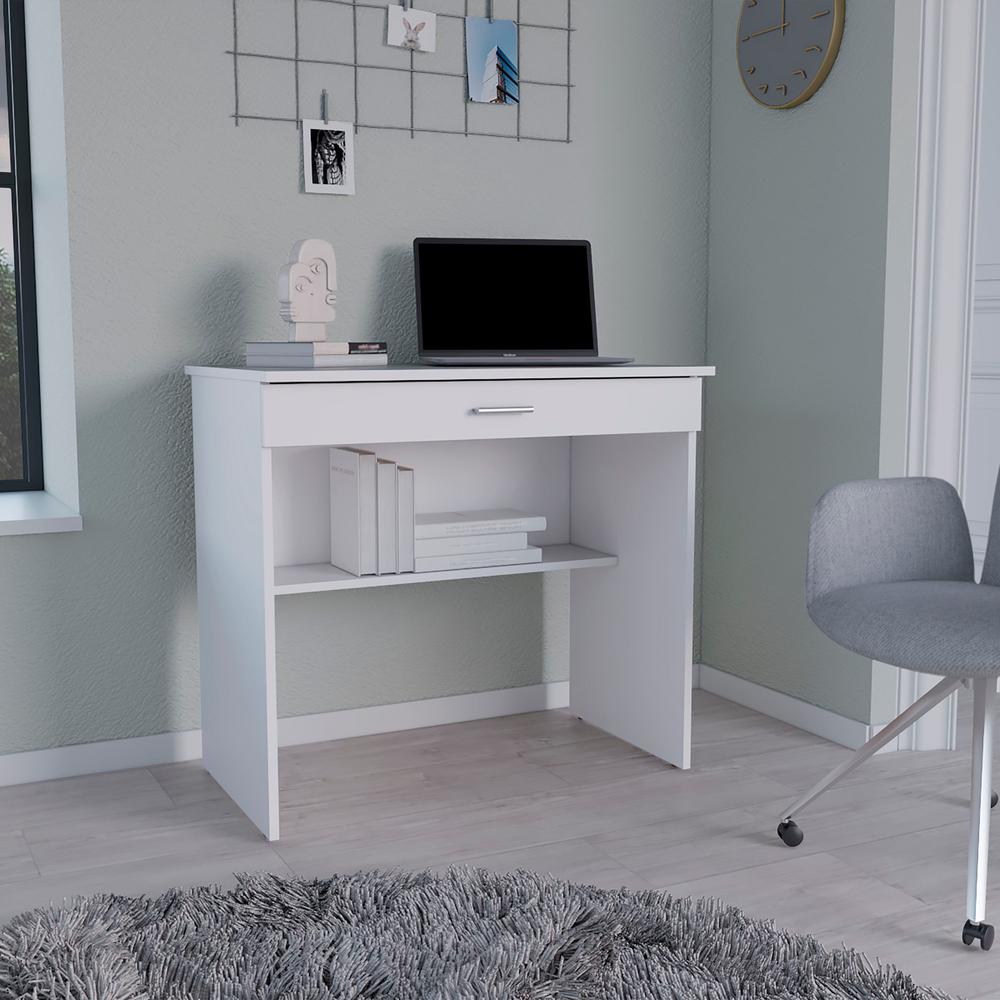 Montana Storage Desk, Spacious Stylish with Drawer and Shelf, White -Office. Picture 5