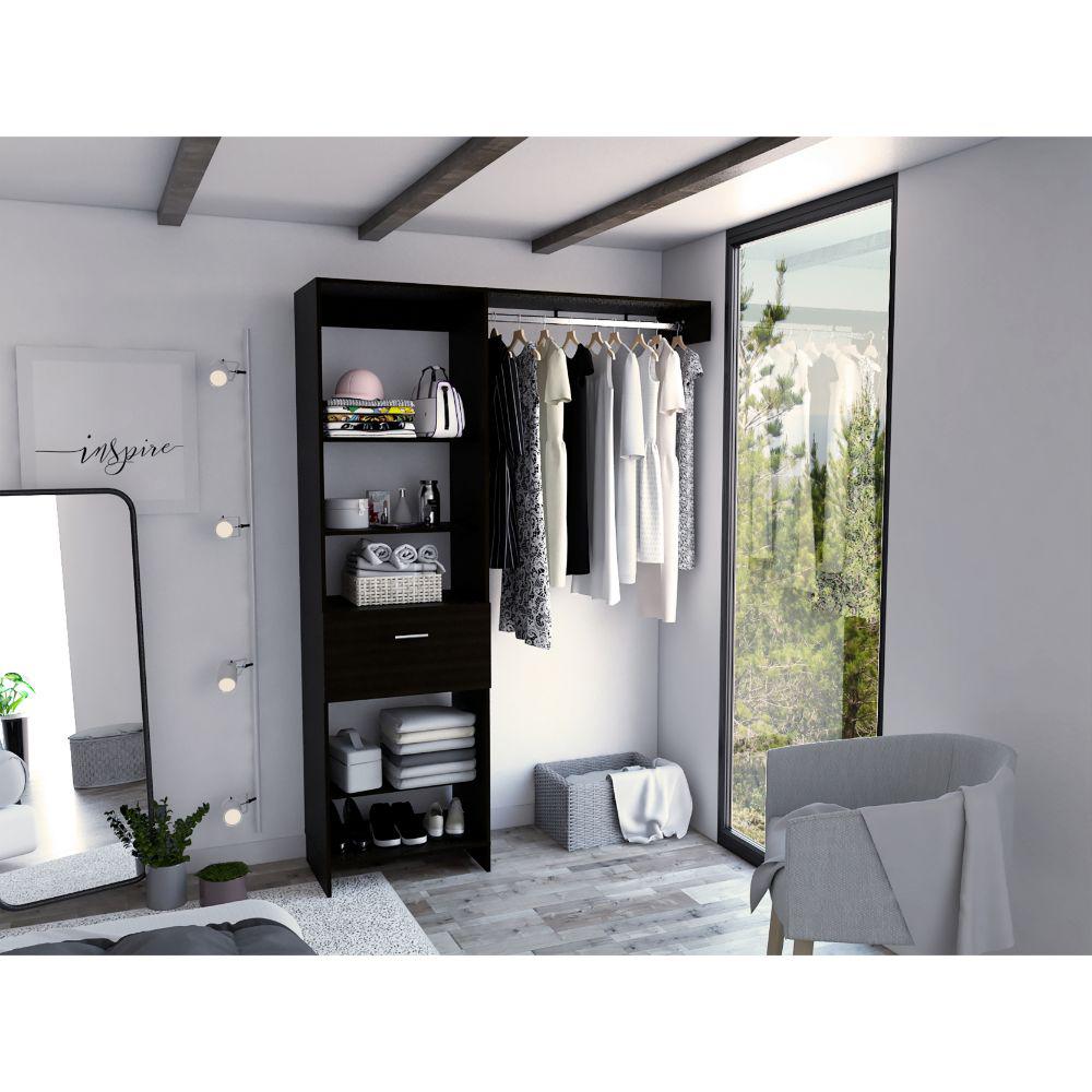 DEPOT E-SHOP Dynamic Closet System, Five Open Shelves, One Drawer, One Metal Rod-Black, For Bedroom. Picture 1