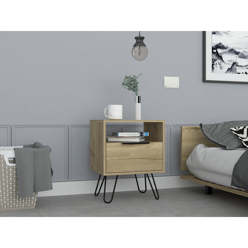 DEPOT E-SHOP Begonia Night Stand-Two Shelves, One-Door Drawer, Four Steel Legs-Light Oak, For Bedroom. Picture 1