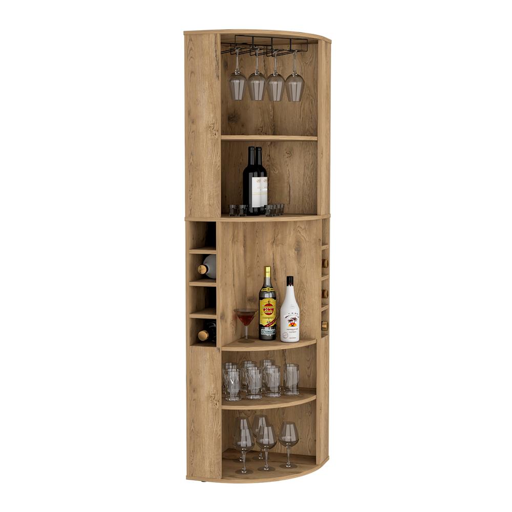 Agra 71" Corner Bar Cabinet with Five Shelves, Eight Bottle Cubbies and Stemware. Picture 2