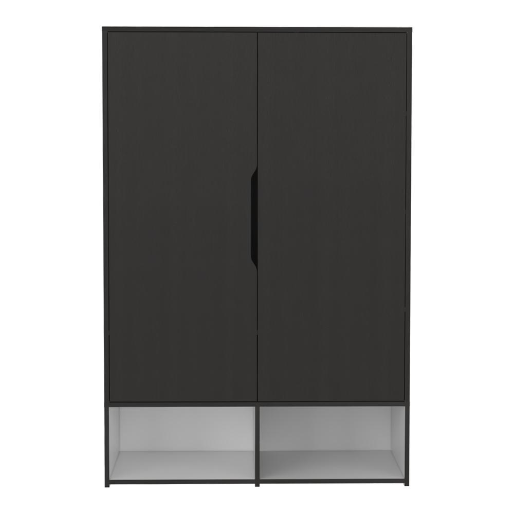 DEPOT E-SHOP Bamboo Armoire-Two Doors, Five Shelves, Hanging Rod, Two Open Shelves-Black/White, For Bedroom. Picture 2
