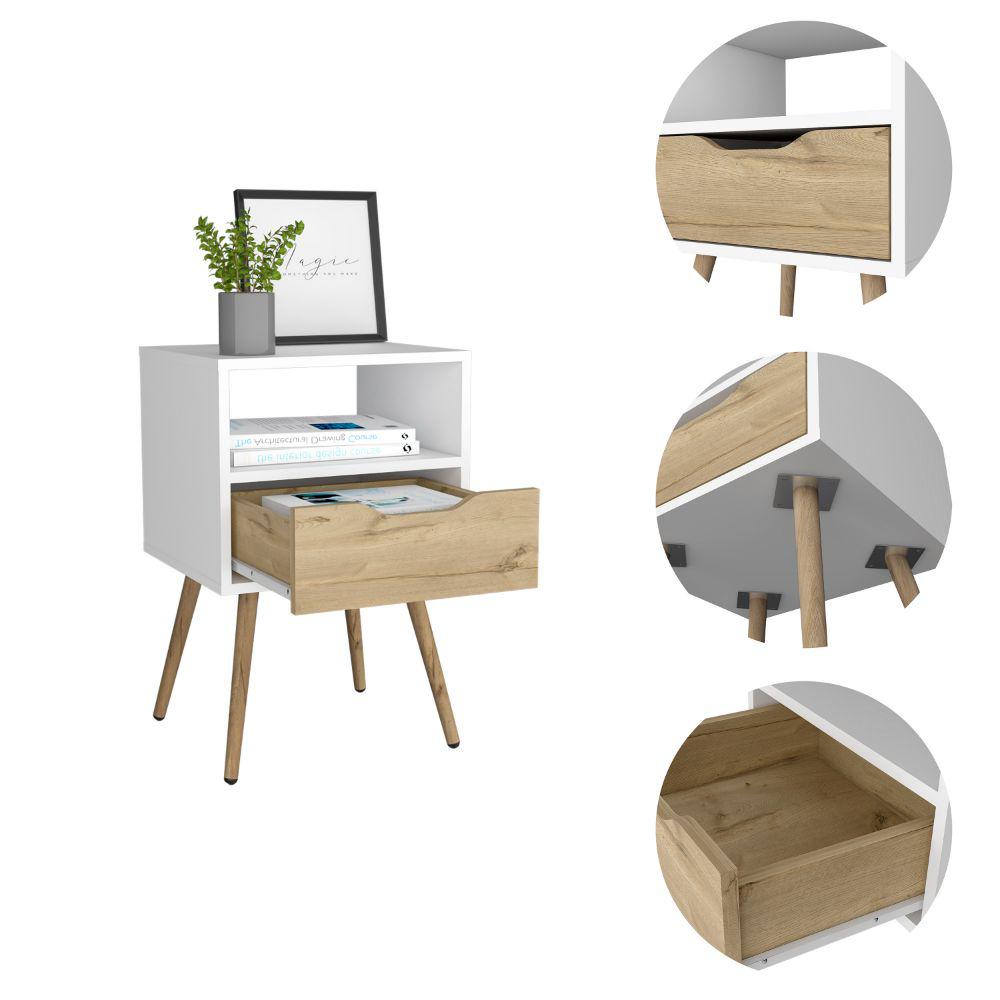 DEPOT E-SHOP Emma Nightstand, Countertop, Four Legs, One Open Shelf, One Drawer-White-Light Oak, For Bedroom. Picture 3